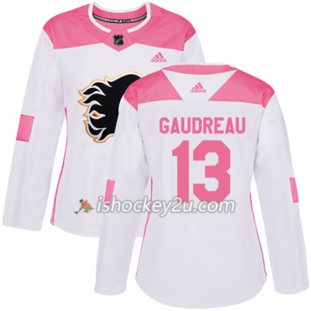 Dame NHL Calgary Flames Trøje Johnny Gaudreau 13 Adidas 2017-2018 Hvid Lyserød Fashion Authentic